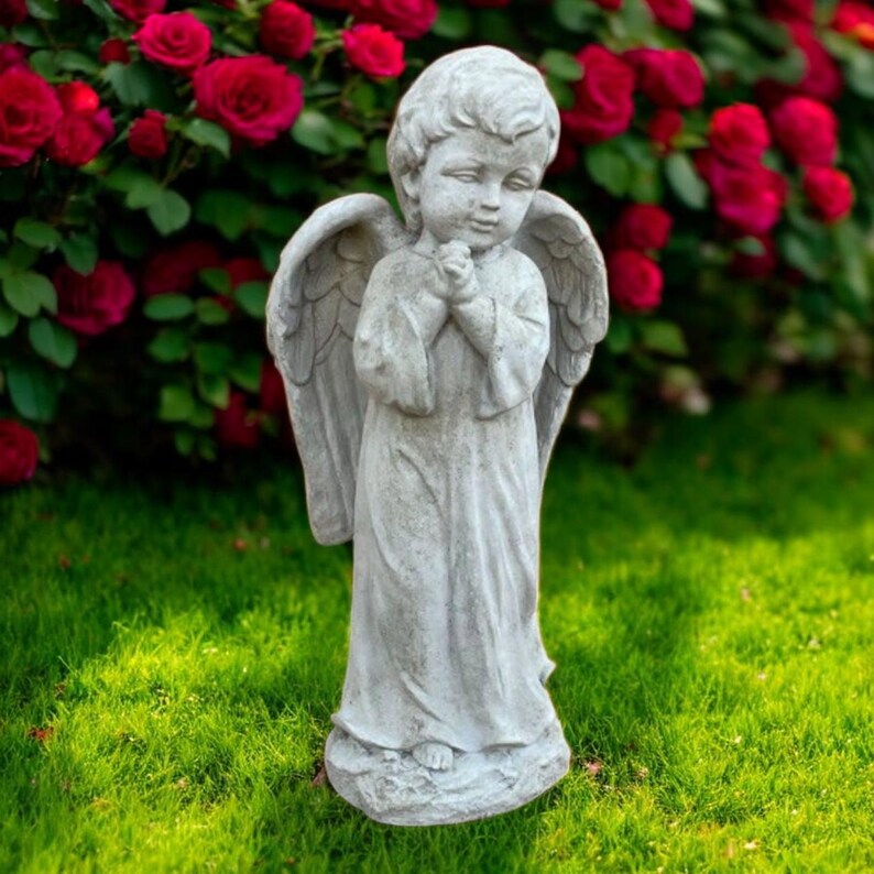 Standing Angel Figure Boy With Wings Statue Concrete Garden Patio Decor Cement Backyard Art Religious Style Sculpture Cherub Memorial 13"H image 8