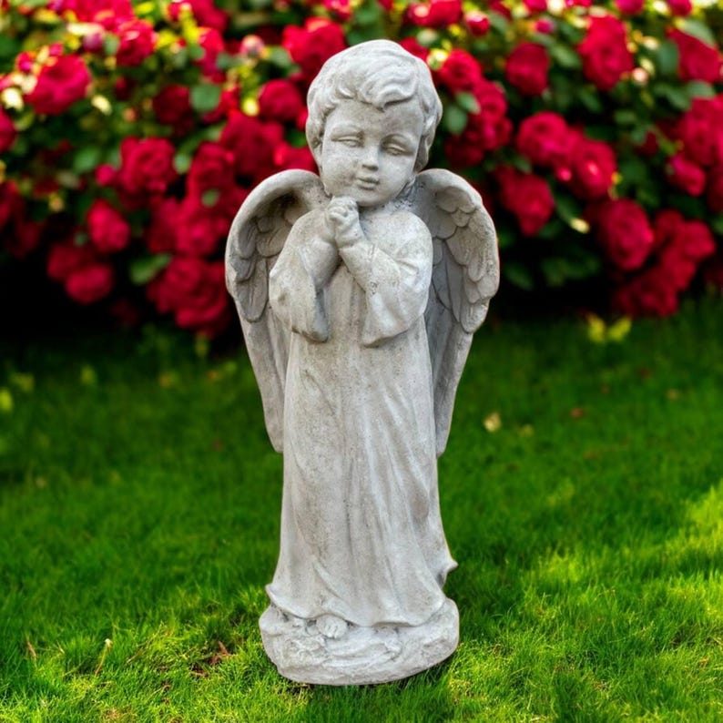Standing Angel Figure Boy With Wings Statue Concrete Garden Patio Decor Cement Backyard Art Religious Style Sculpture Cherub Memorial 13"H image 1