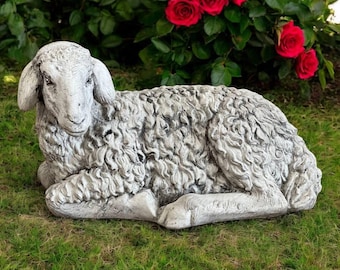 Lamb Concrete Figure Outdoor Farm Animals Sculptures Garden Sheep Stone Statue Laying Lamb Patio Figurine Farmhouse Decor Yard Art 9"H