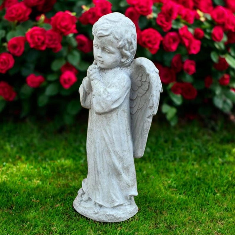 Standing Angel Figure Boy With Wings Statue Concrete Garden Patio Decor Cement Backyard Art Religious Style Sculpture Cherub Memorial 13"H image 5