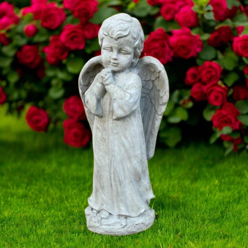 Standing Angel Figure Boy With Wings Statue Concrete Garden Patio Decor Cement Backyard Art Religious Style Sculpture Cherub Memorial 13"H image 10