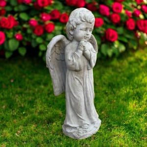 Standing Angel Figure Boy With Wings Statue Concrete Garden Patio Decor Cement Backyard Art Religious Style Sculpture Cherub Memorial 13"H image 4
