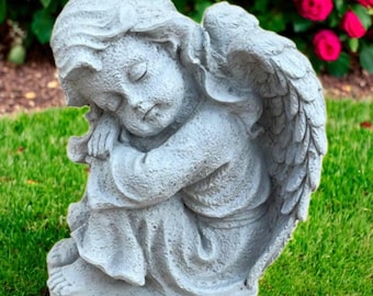 Hugging Knees Cherub Figure Outdoor Angel Sculpture Yard Or Garden Detailed Angel Statue Religious Style Statuary Christmas Gift 6"H