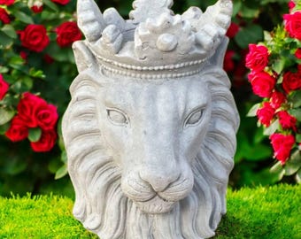 Lion Head Statue Lion's Bust Planter Concrete Flowers Pot Sculpture Outdoor Planter Gift Lion With Crown Statuary Stone Decoration 10"H
