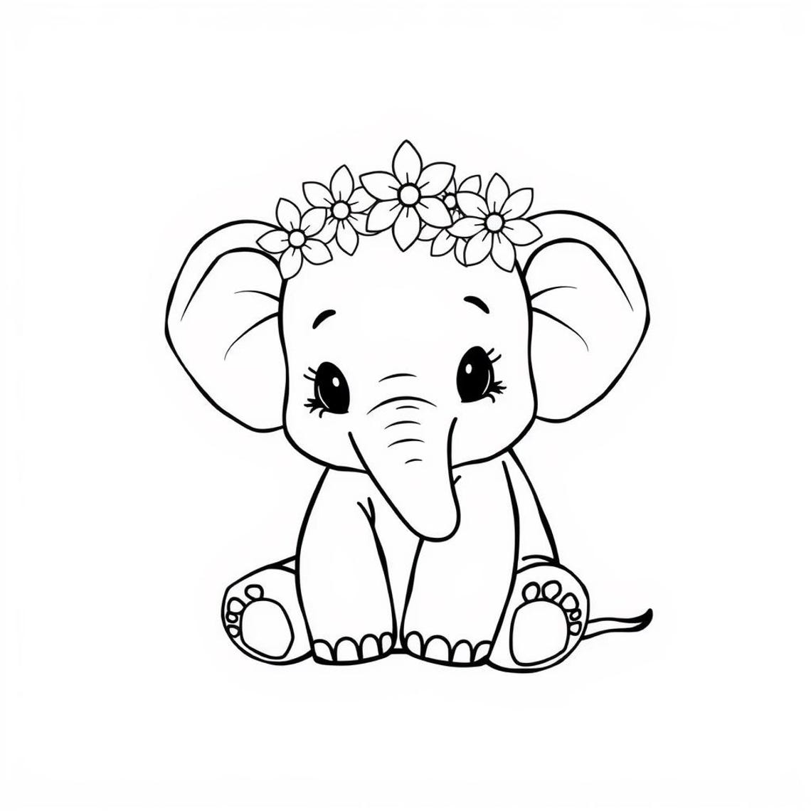 Cute Baby Elephant Coloring Page Flower Crown Printable, Black and