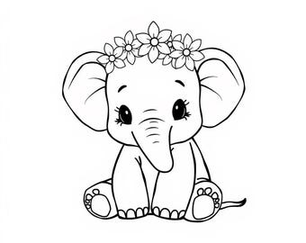 Lindo libro para colorear de elefante bebé, 10 páginas imprimibles con coronas de flores y disfraces, arte en blanco y negro para niños y adultos, descarga instantánea.
