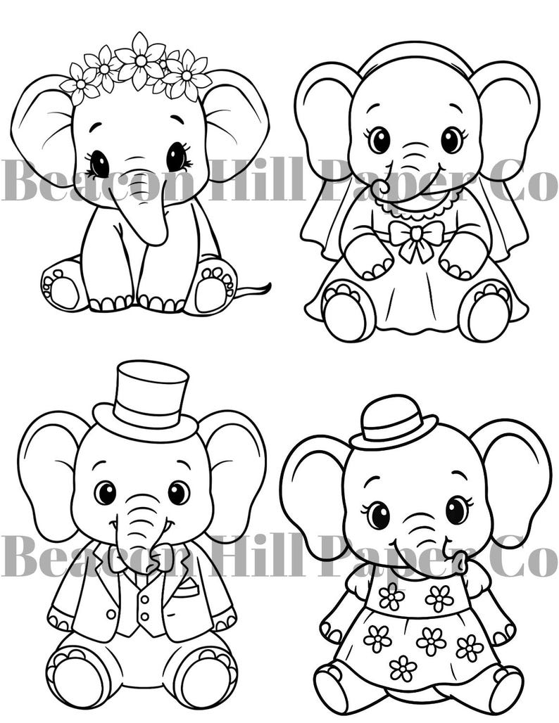 Cute Baby Elephant Coloring Book 10 Page Printable With Flower Crowns ...