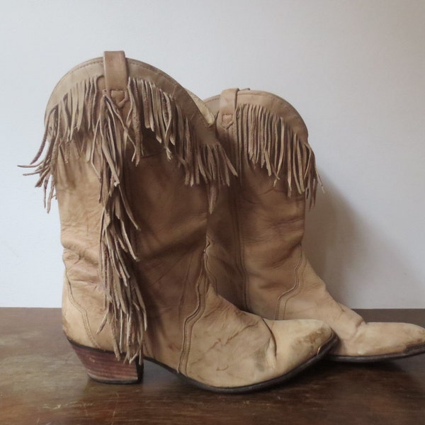 Vintage '70s ACME Broken-In, Marbled Leather Fringe Boots, Rodeo Pinup! US Size 9
