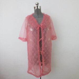 1950s 60s sheer robe white nylon chiffon with lace and puffed sleeves and ruffled hem fly away front Size S