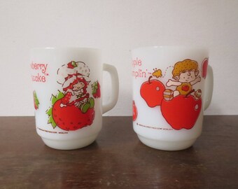 Vintage '80s Strawberry Shortcake and Apple Dumplin' Anchor Hocking Milk Glass Mugs, 1980