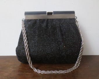 Vintage Lurex Purse 1960s HL Harry Levine Black & Silver Glittery Lurex Bag with Silver Rope Chain Handle