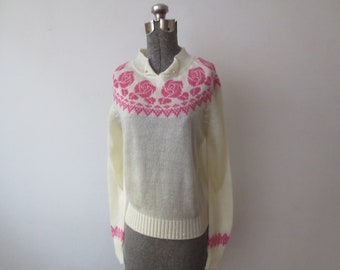 Vintage 1970s/80s Sweater Miss K Lightweight Ditzy Rose Knit Fair Isle Pullover Medium