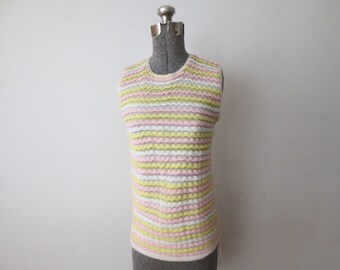 Vintage 1960s Knit Shell Sherbet Striped Turbo Orlon Acrylic Sleeveless Sweater with Drawstring Hem XS/Small