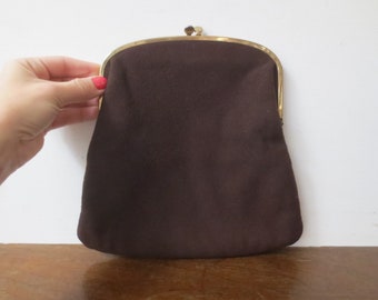 Vintage 1940s/50s Ingber Chocolate Wool Folding Kiss Lock Clutch, Gorgeous Brown Satin Lining 10 x 9.5 Inches