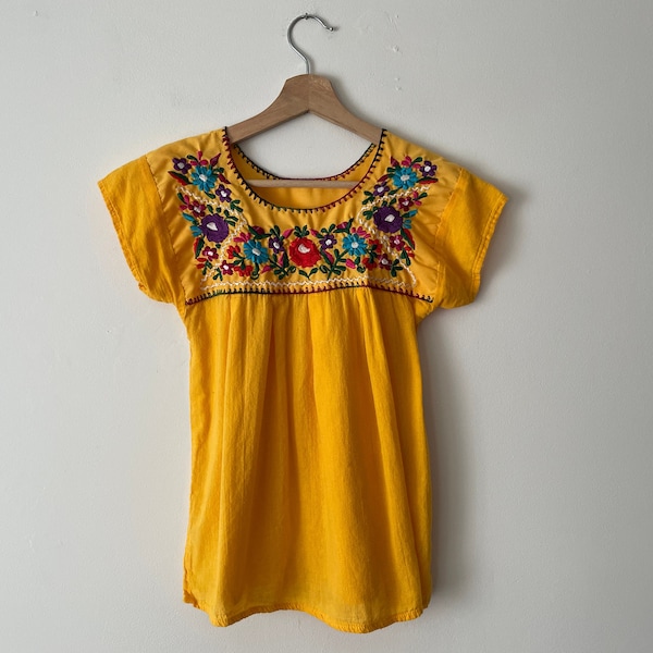 Vintage Mexican Peasant Blouse Golden Yellow with Heavy Embroidery Gauzy Pleated Yoke Full Fit XS