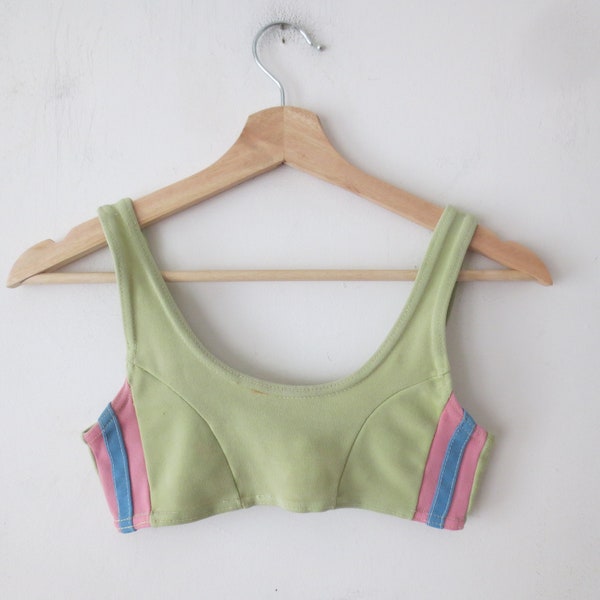 Vintage Girls Bikini Top 1960s Mod Light Olive with Pink & Blue Stripes Well-Worn As-Is 10 Years