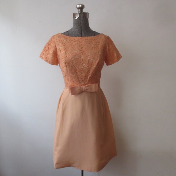 Vintage 1950s Cocktail Dress Gorgeous Coral Lace Bodice and Chiffon Overlay Skirt Acetate Lining 17 Inch Bust