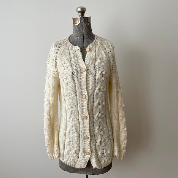 Vintage 1970s Cardigan Made in Italy for Montgomery Ward, Soft Chunky Acrylic Cable Knit with Wooden Buttons Small