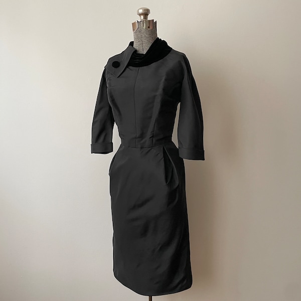 Vintage 1950s Bramson Wiggle Dress Gorgeous Construction Thick Glossy Twill with Velvet Cowl 38 Inch Bust