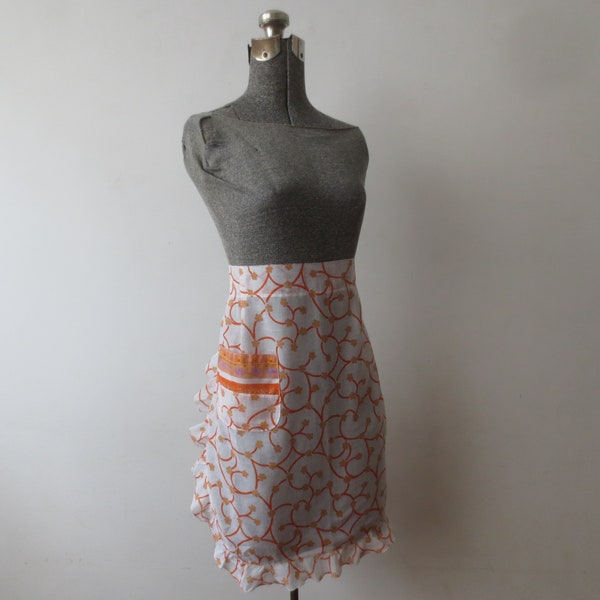 Vintage Apron 1950s/1960s Adorably Playful Orange Floral Print on Nearly Sheer Cotton Ruffled Trim & Pleat Detailing