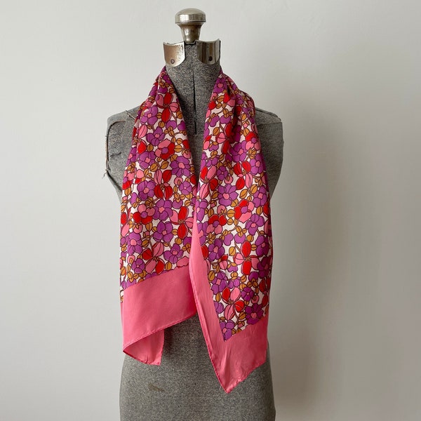 Vintage 1960s Mod Scarf Pink & Purple Floral Print on Super Glossy Acetate Made in Japan 43 x 15 Inches