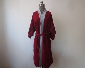 Vintage 1970s Robe Sears The Men's Store Fashion Loungewear Plush Velour Burgundy with Gray Trim & Belt One Size