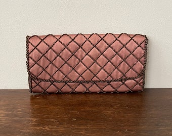 Vintage Envelope Clutch 1950s Bags by Debbie Dusty Rose Satin & Bronze Beaded Envelope 8.5 x 4.5 Inches