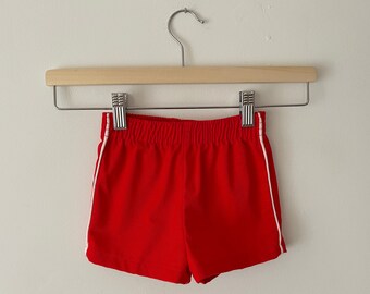 Vintage 1980s Kids Shorts Stone Apparel Bright Red Crisp Cotton Elastic Waist & White Piping Stripes 18 months