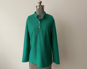 Vintage 1970s Blouse Bay Road Polo Style Top in Teal Textured Woven Poly Long Sleeves & Side Slits 40/42 Inch Bust