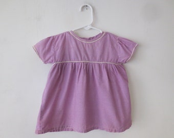 Vintage Girls Dress 1960s Lavender Gingham Cotton with Tiny White Rick Rack Trim 9 to 12 Months