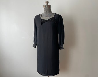 Vintage 1960s Cocktail Dress Gorgeous Matte Black Crepe with Satin Trim Mia Farrow Style XS Small