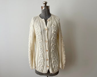 Vintage 1970s Cardigan Made in Italy for Montgomery Ward, Soft Chunky Acrylic Cable Knit with Wooden Buttons Small