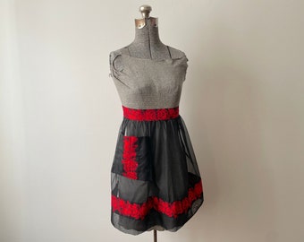 Vintage Apron 1950s/60s Sheer Black with Gorgeous Bright Red Rose Print Cotton Trim