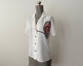 Vintage 1970s Bowling Shirt Ladies Paper Thin with Native American Chief Print on Front & Back 36 Inch Bust