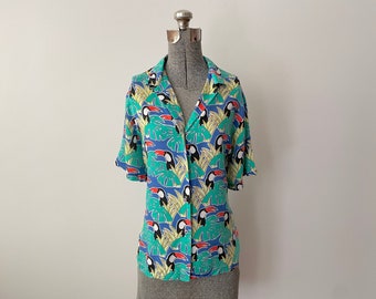 Vintage 1980s Cheryl Tiegs Florida Blouse Tropical Toucan Print Rayon Large 40/42 Inch Bust