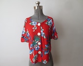 Vintage 39 80s Stoplight Rayon Parrot Print Blouse, Boxy Breezy w Killer Chunky Button Closures, Small Medium