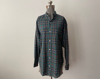 Vintage 1980s Ralph Lauren Original Sample Shirt in Forest Green Plaid Cotton XL/XXL 23 Inches Pit-to-Pit