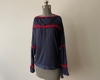 Vintage 1970s/80s Top, Navy Super Thin Jersey Knit w/ Red Wool Striped Detail, Boat Neck & Tie Waist, Med/Large