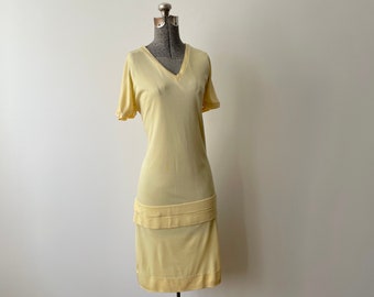 Vintage 1960s Dress Johnnye Jr. Drop Waist in Slinky Silky Pale Yellow Rayon Knit with Armpit Gussets 36/38 Inch Bust