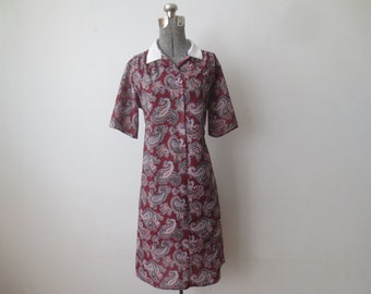 Vintage Paisley Dress 1970s St. Michael Shirtdress Nearly Sheer Paisley Print with White Collar & Gathered Shoulders Medium