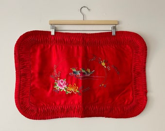 Vintage Boudoir Pillowcases Pair of Stunning Chinoiserie Red Satin Embroidered with Pintuck Pleated Tufted Trim 26 x 17.5 Inches