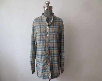 Vintage 1970s Sears Plaid Blouse Paper Thin with Band Collar & Wide Sleeves Plus Size Vintage 46-ish Inch Bust