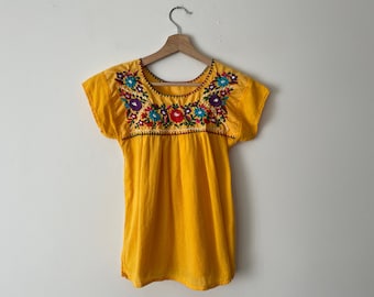 Vintage Mexican Peasant Blouse Golden Yellow with Heavy Embroidery Gauzy Pleated Yoke Full Fit XS