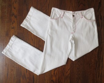 Vintage '60s/'70s LIVE BAIT Brand White Jeans w/ Killer Red Contrast Stitching, Straight Leg & Wide Lower Hem, 29/30 x 32