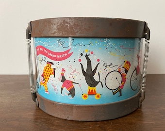 Vintage 1960s Chein Toy Drum The Big Top Grand March Tin Litho 8.5 Diameter 5.75 Inches Tall Circus Print Drum