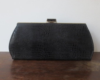 Vintage 1960s Purse Black Faux Alligator Textured Vinyl Long and Thin 14.5 x 7 Inches