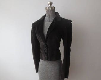 Vintage 197s Velvet Jacket in Dark Brown with Ruffled Shoulders & Tailored Fit Small/Medium