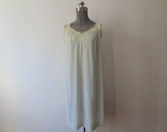 Vintage 1950s Nightgown Sears Mint Green Nylon with Side Pocket and Creamy Lace & Embroidery Detail Small/Med