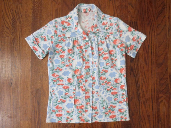 Vintage Chore Shirt 1970s Floral Poly Print House… - image 7