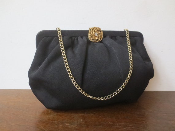 Vintage 1950s Clutch Jet Black Rayon with Convert… - image 1